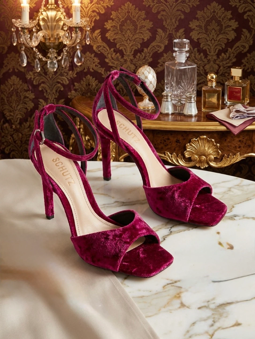 Schutz Velvet Ankle Strap Heels Burgundy Size 7.5