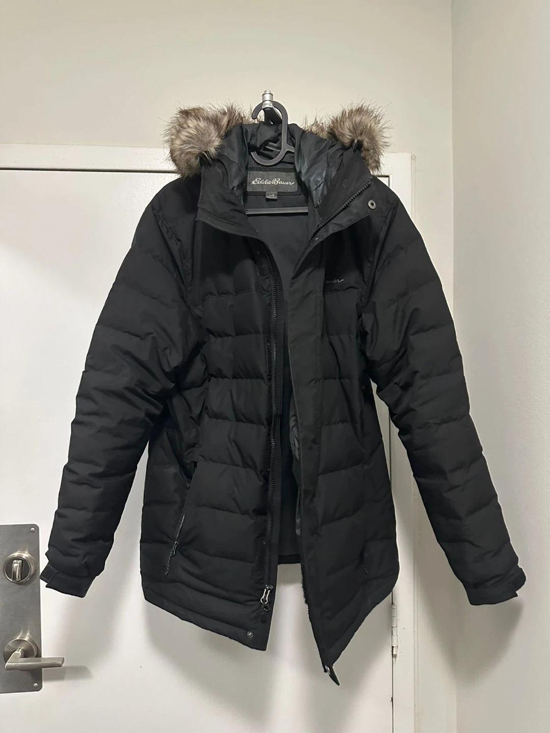 Eddie Bauer Men's Black Down Parka Jacket with Fur Trim Hood