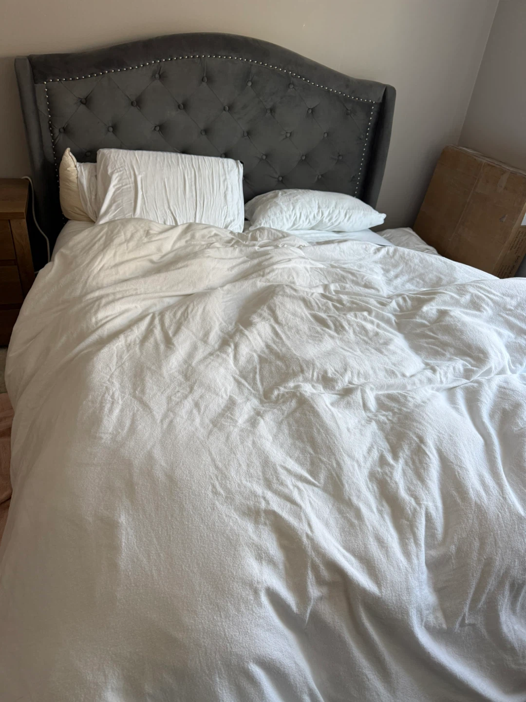 Queen grey velvet bed frame with mattress