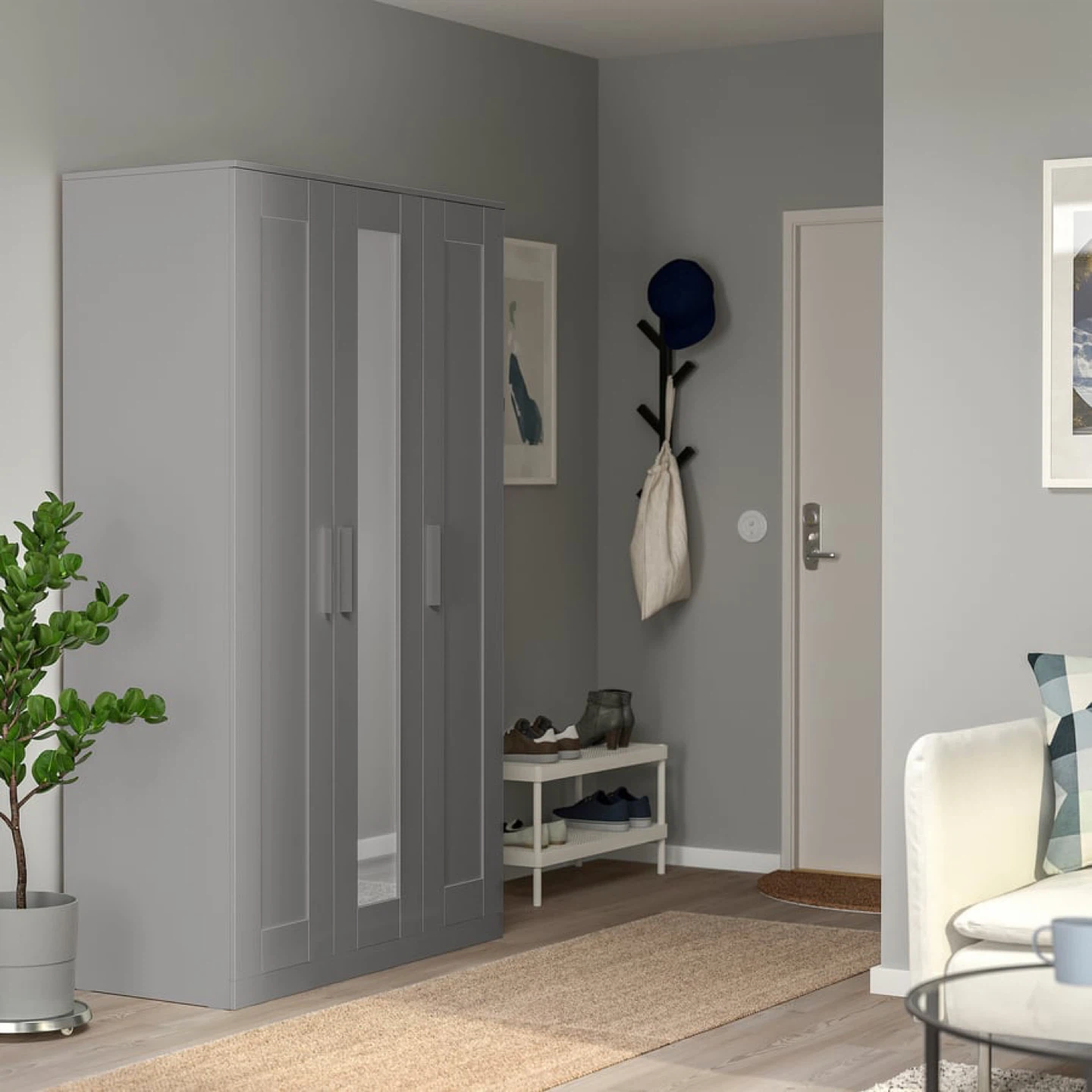 IKEA BRIMNES Grey 3-Door Wardrobe with Mirror
