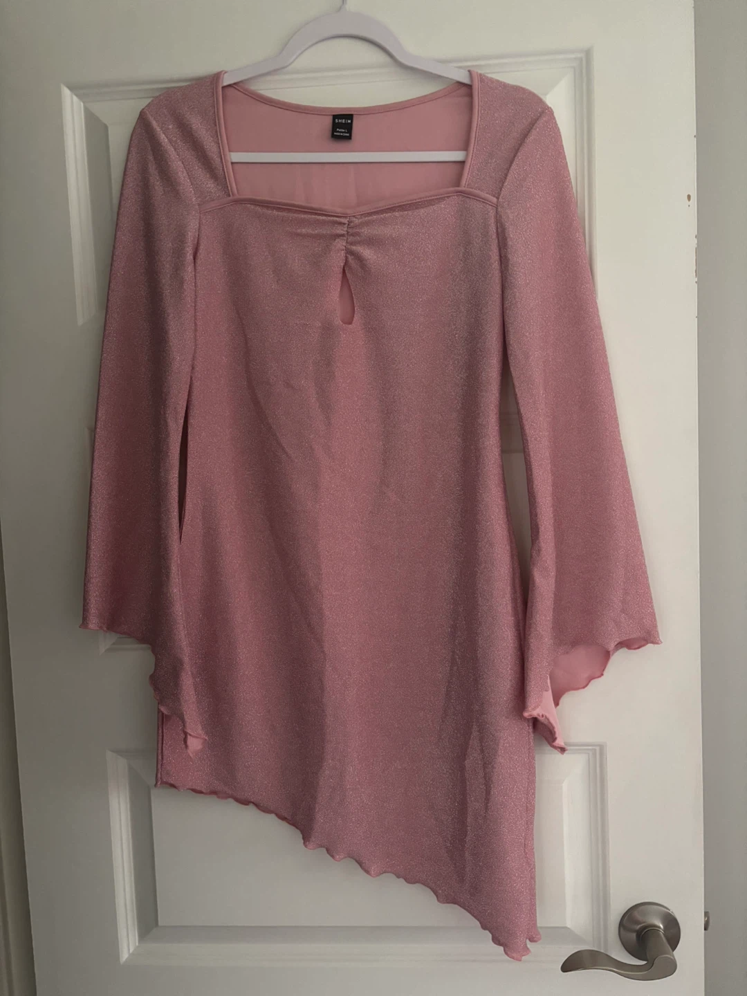 SHEIN Pink Sparkly Bell Sleeve Mini Dress