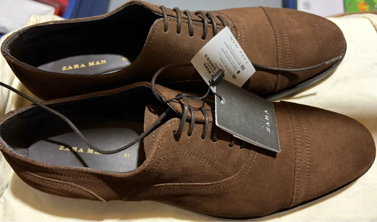 NEW ZARA MAN Brown Suede Cap Toe Oxford Shoes - Size 41