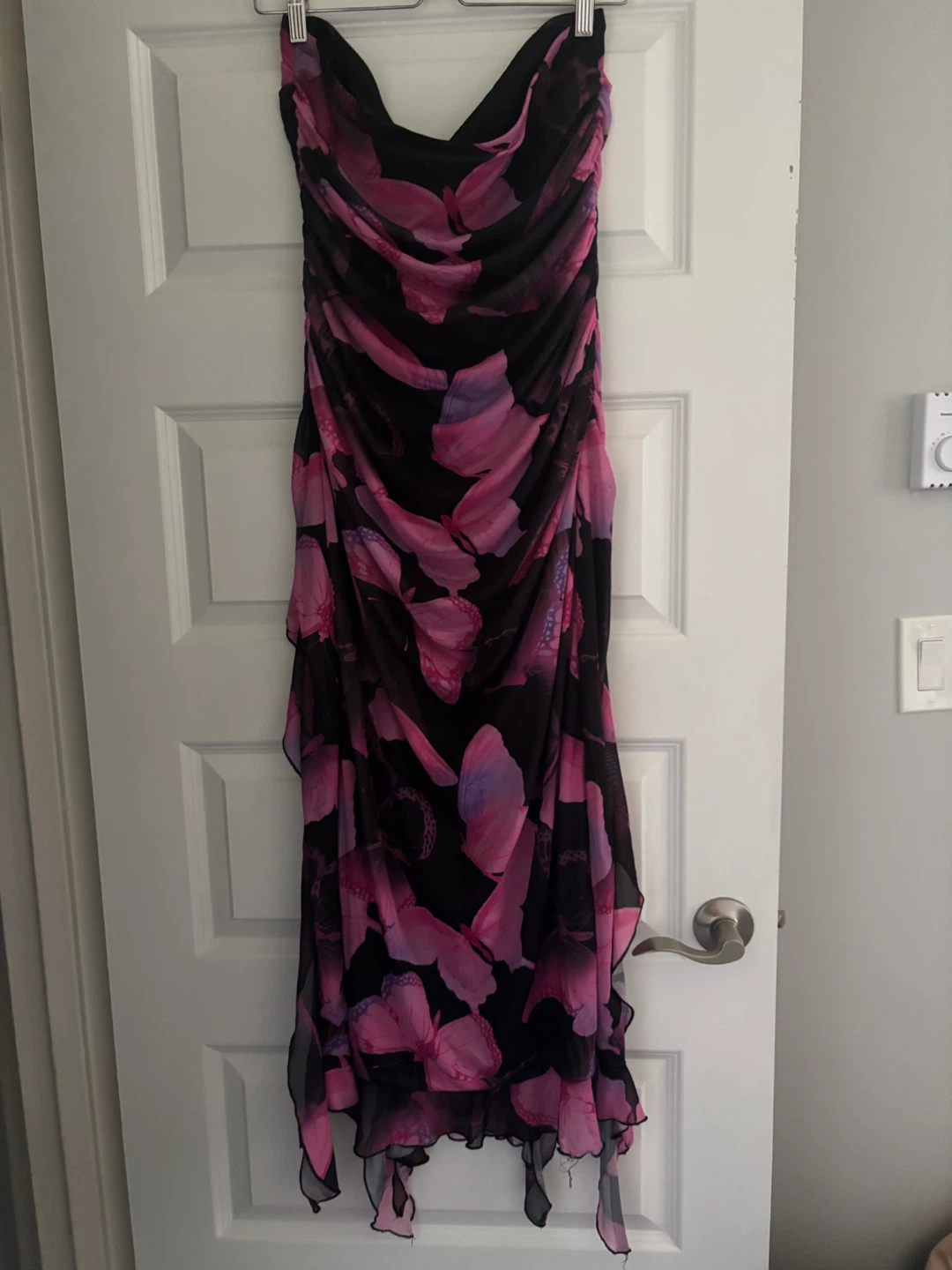 Strapless Ruched Butterfly Print Dress
