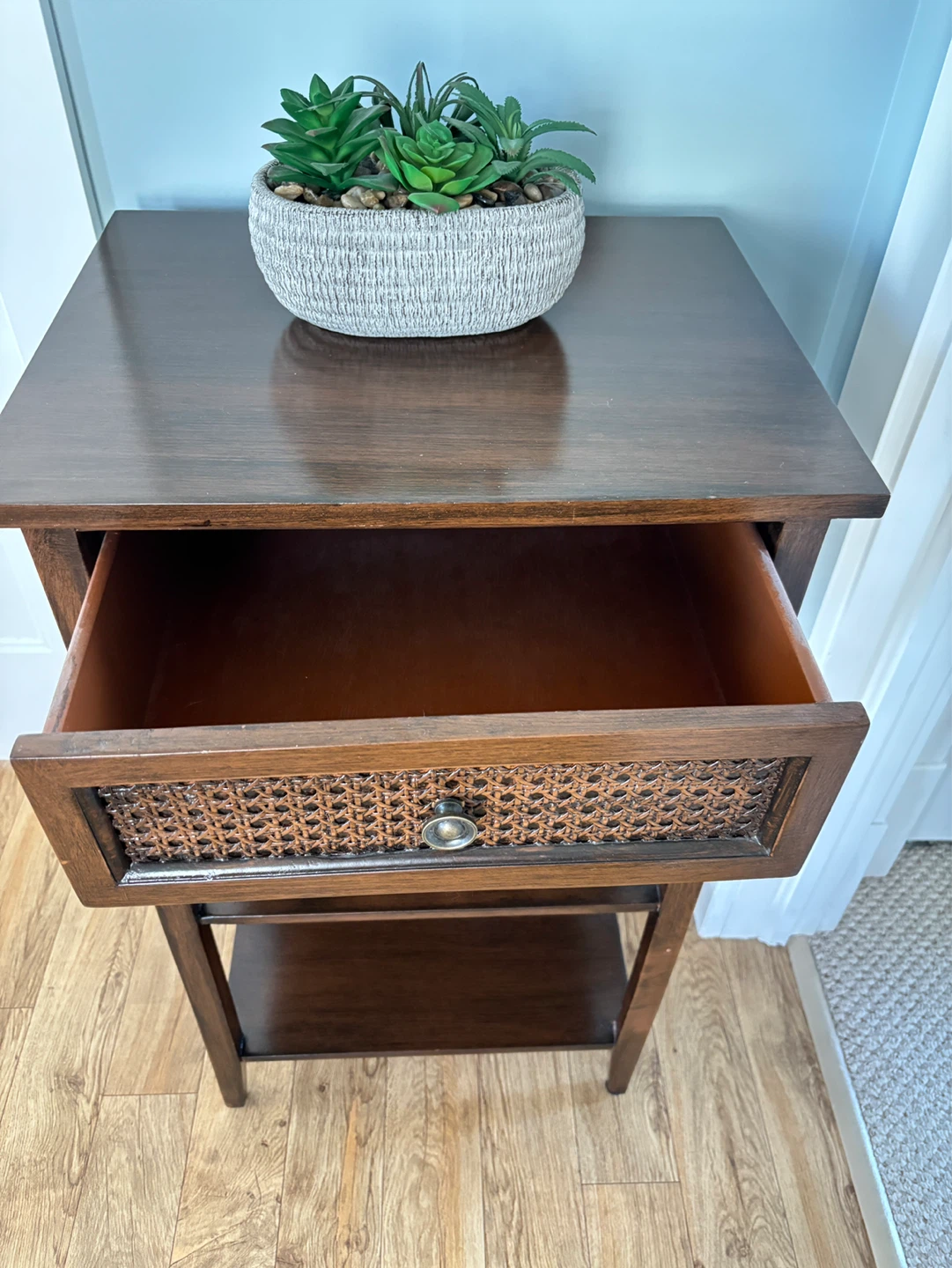 Dark Wood End Table with Wicker Drawer Front - photo 2