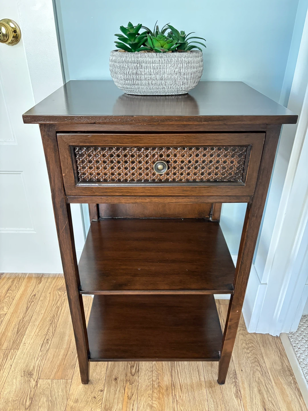 Dark Wood End Table with Wicker Drawer Front - photo 3