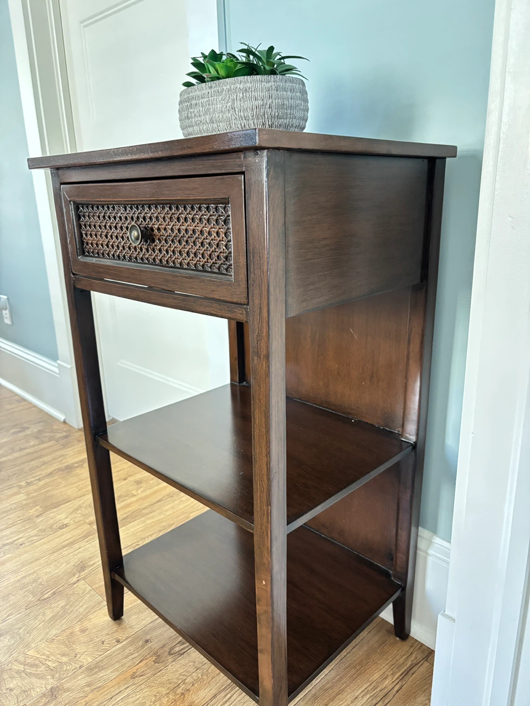 Dark Wood End Table with Wicker Drawer Front