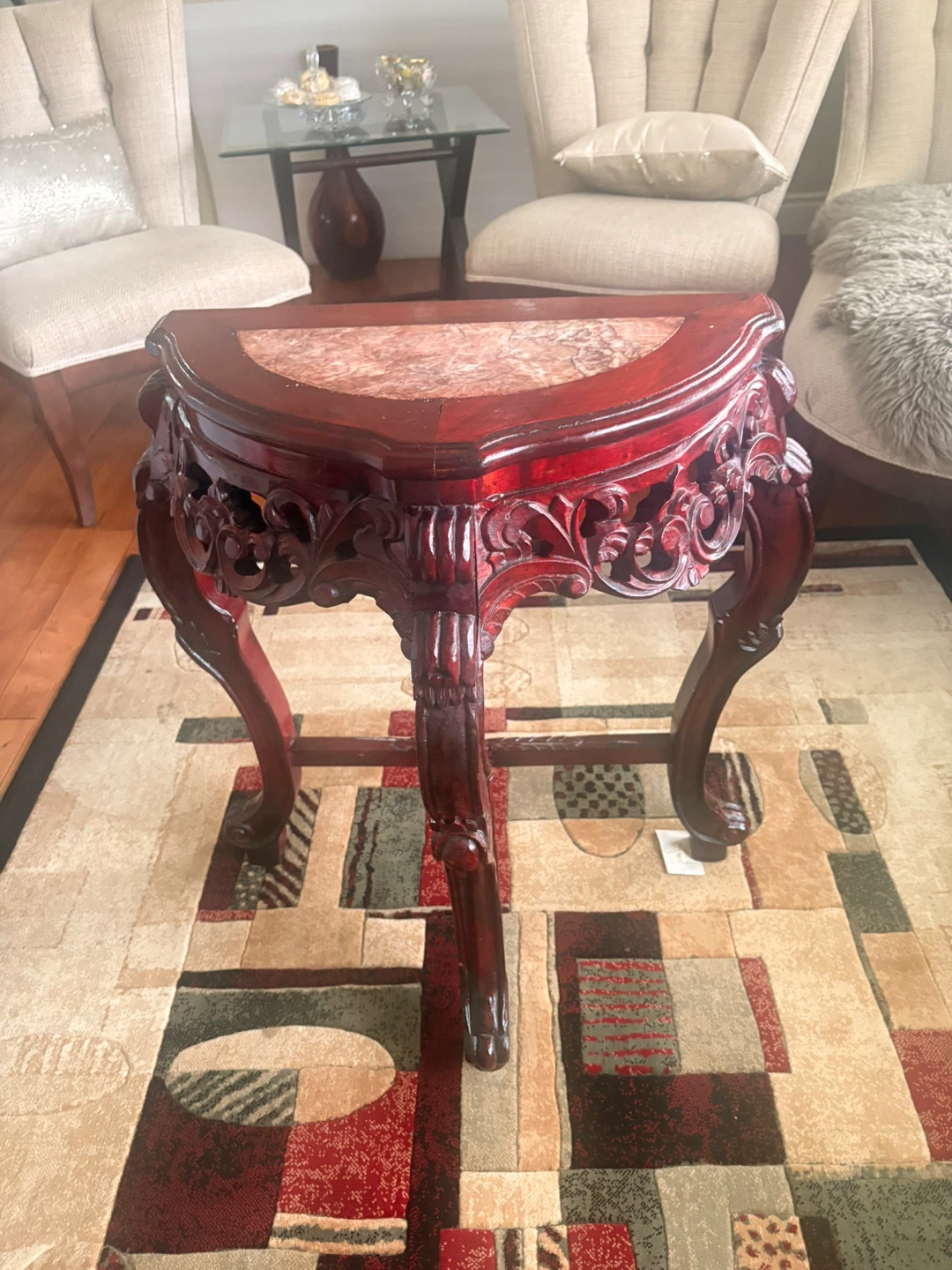 Antique Carved Mahogany Console Table with Marble Top