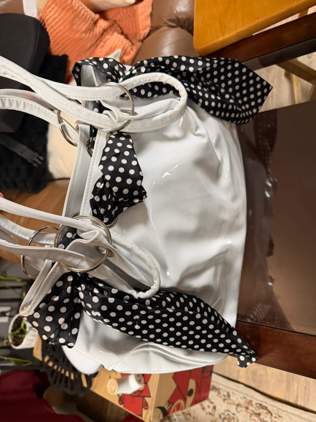 White patent leather-like tote bag with polka dot scarf accents - photo 2