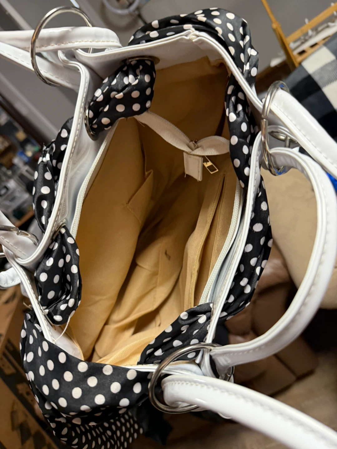 White patent leather-like tote bag with polka dot scarf accents - photo 3