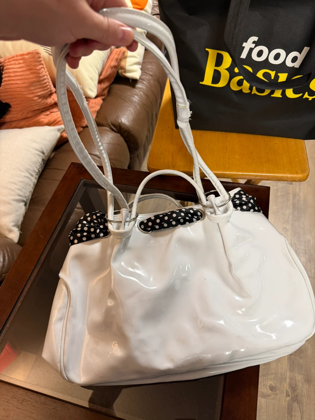 White patent leather-like tote bag with polka dot scarf accents - photo 5