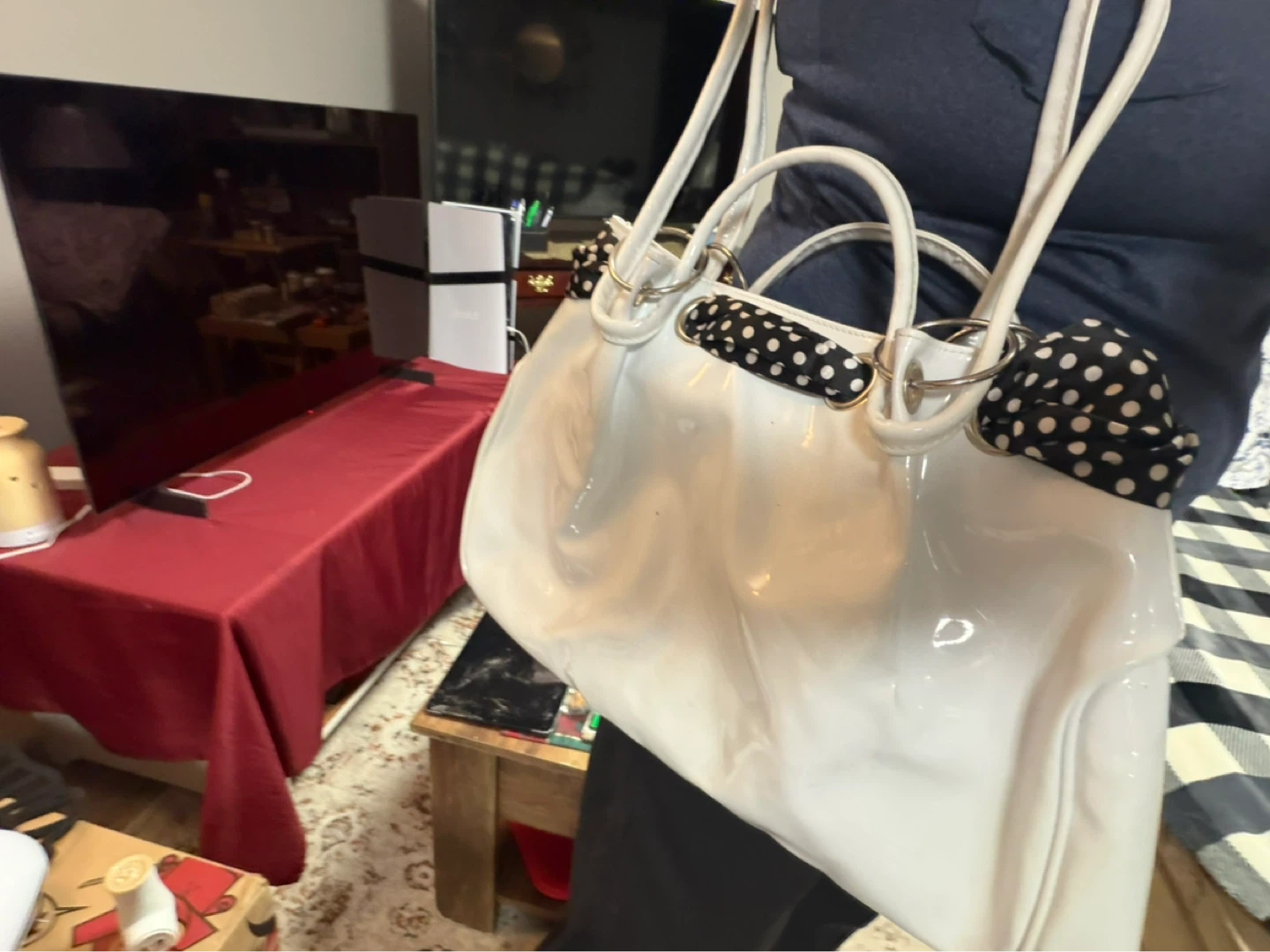 White patent leather-like tote bag with polka dot scarf accents - photo 4