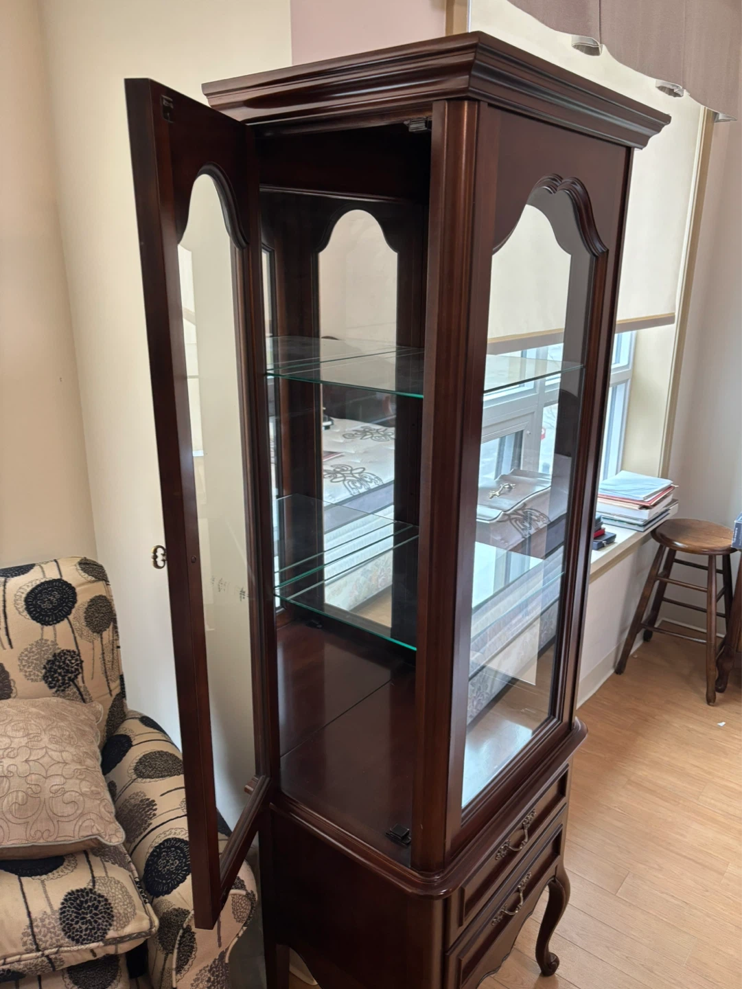 Wooden Display Cabinet with Glass Doors and Drawers