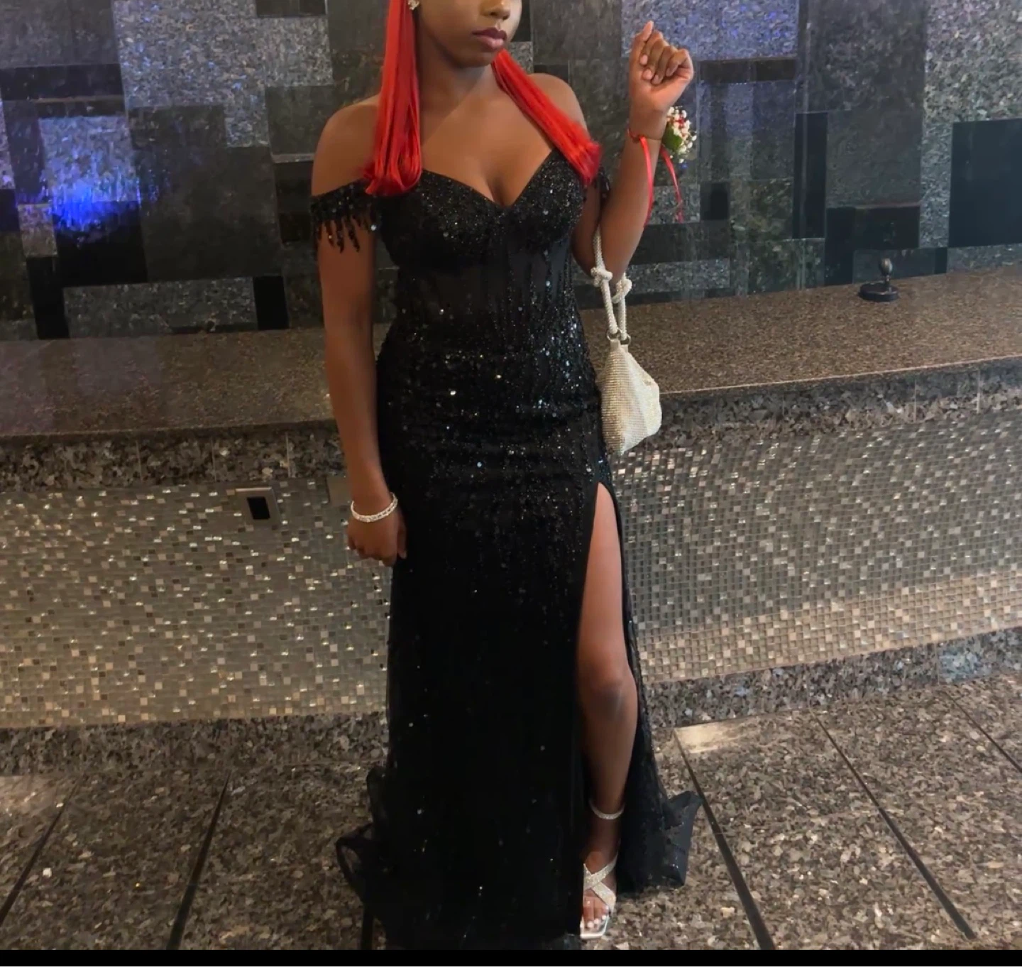 Sparkly Black Off-the-Shoulder Prom Dress