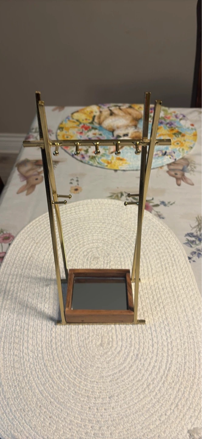 Wooden and Brass Jewelry Stand with Mirror