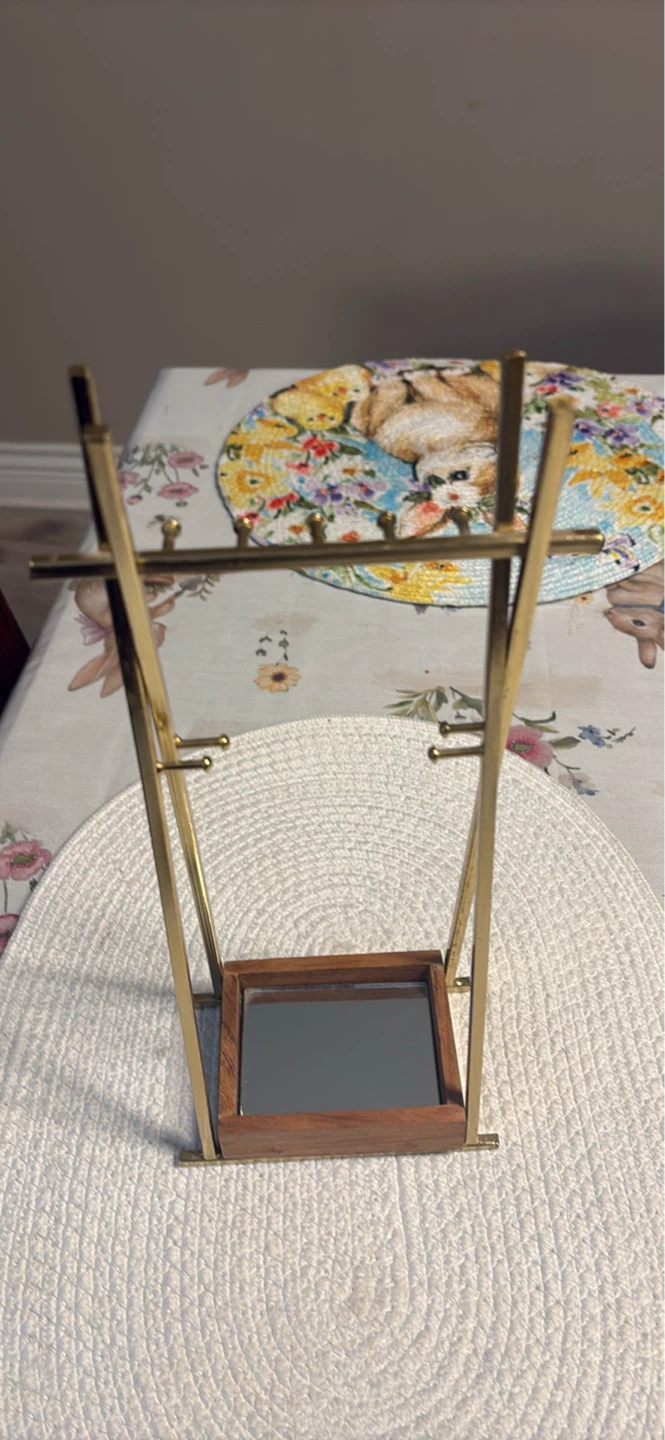 Wooden and Brass Jewelry Stand with Mirror - photo 2
