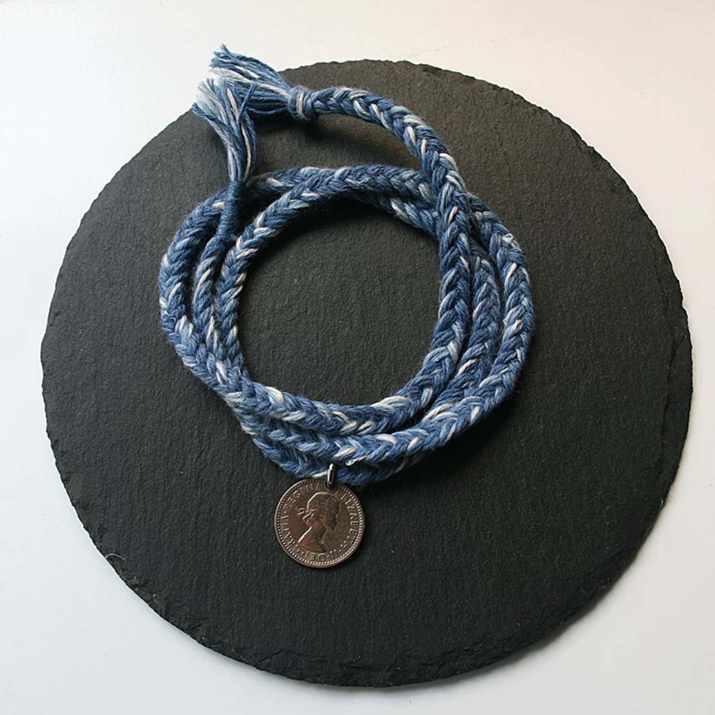 Braided Blue and White bracelet with Coin Pendant