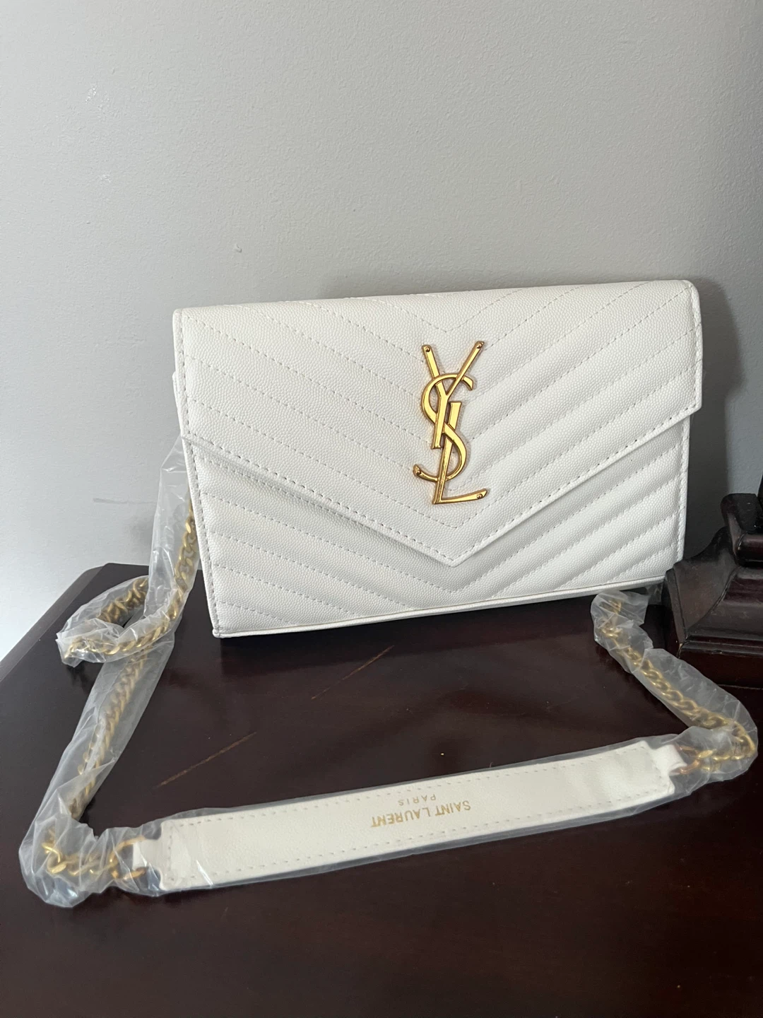 YSL White Leather Wallet Chain Bag