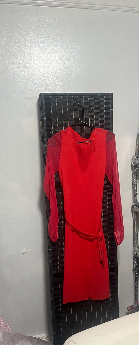Red Sheer Sleeve Dress with Belt size M - photo 2