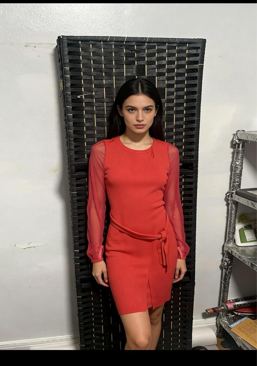 Red Sheer Sleeve Dress with Belt size M