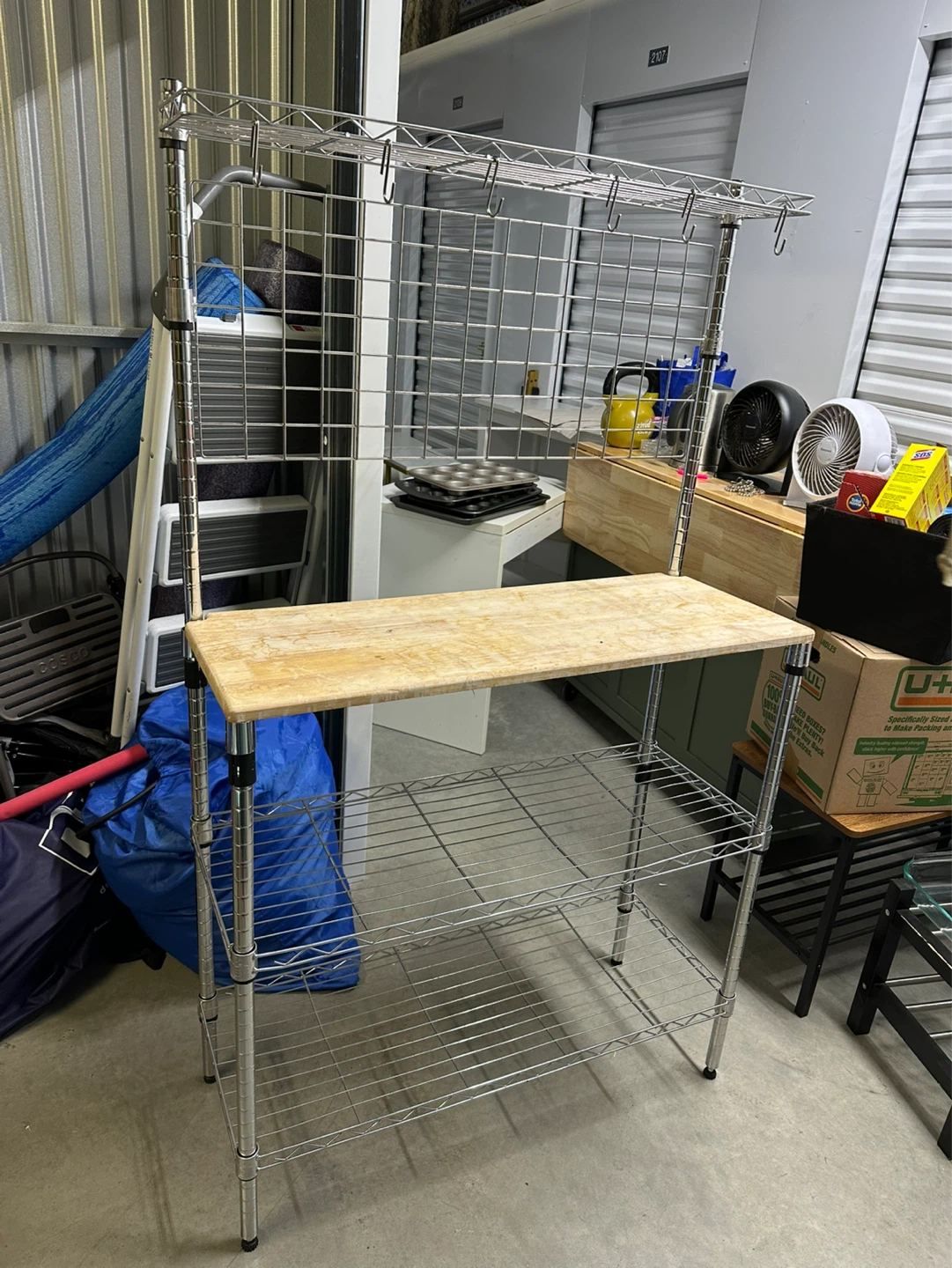Wire Shelving Rack with Wooden Top and S-Hooks