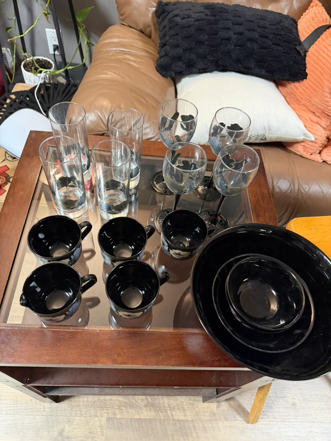 Black Serving Bowls and Cups Set with Floral Design