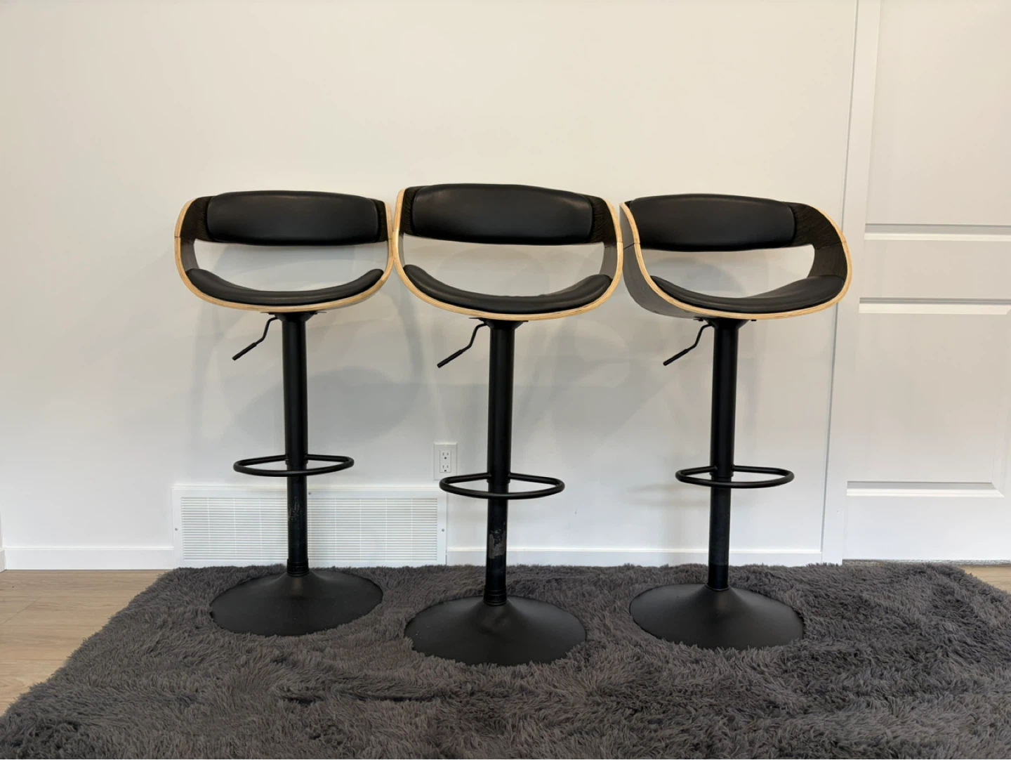 Set of 3 Black Adjustable Bar Stools with Wood Trim - photo 2