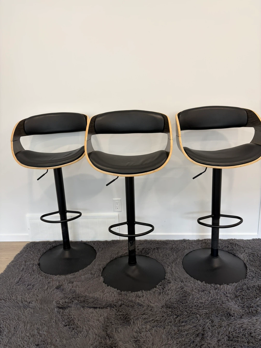 Set of 3 Black Adjustable Bar Stools with Wood Trim - photo 3