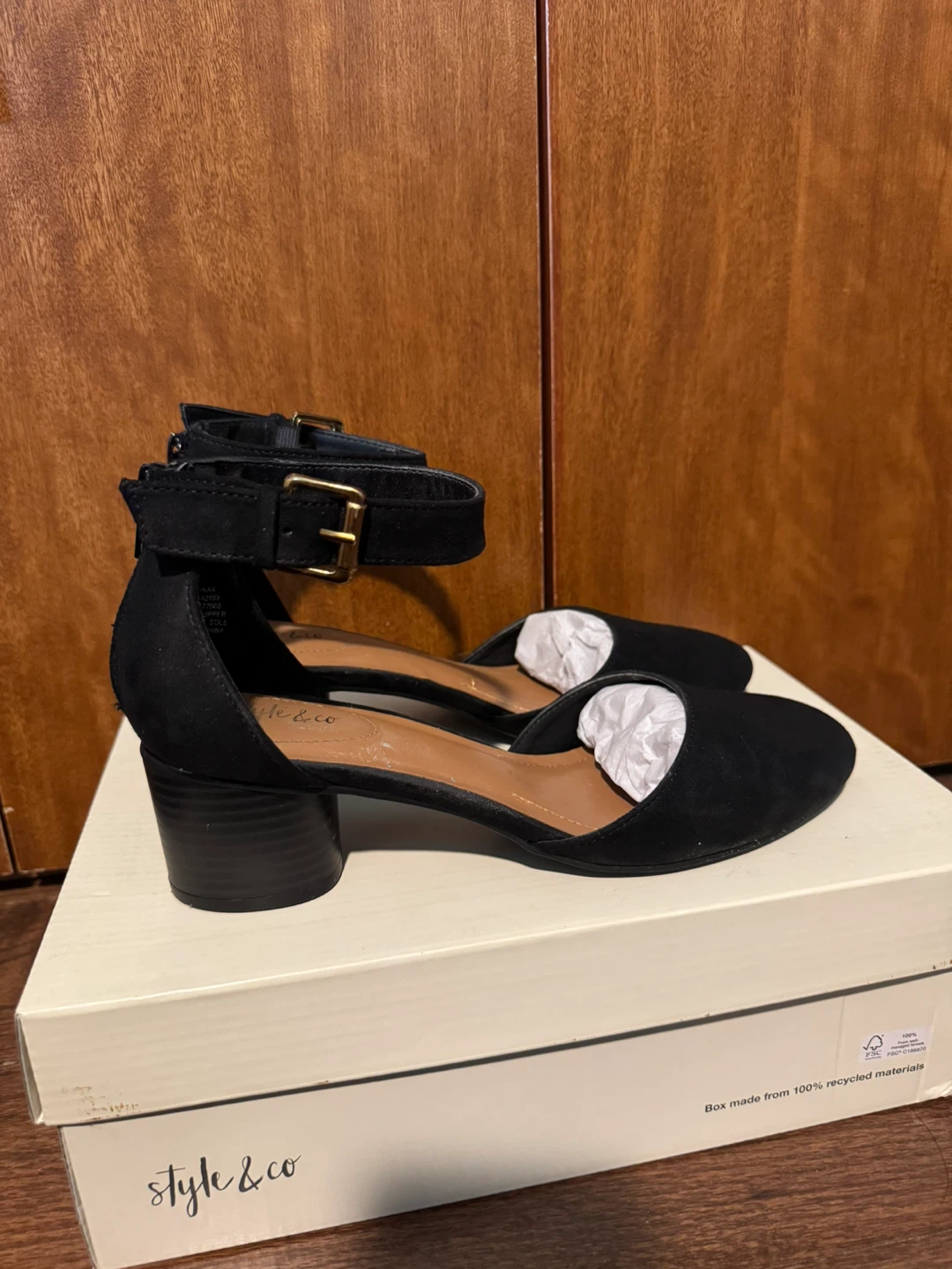 Style & Co Black Suede Block Heel Ankle Strap Shoes