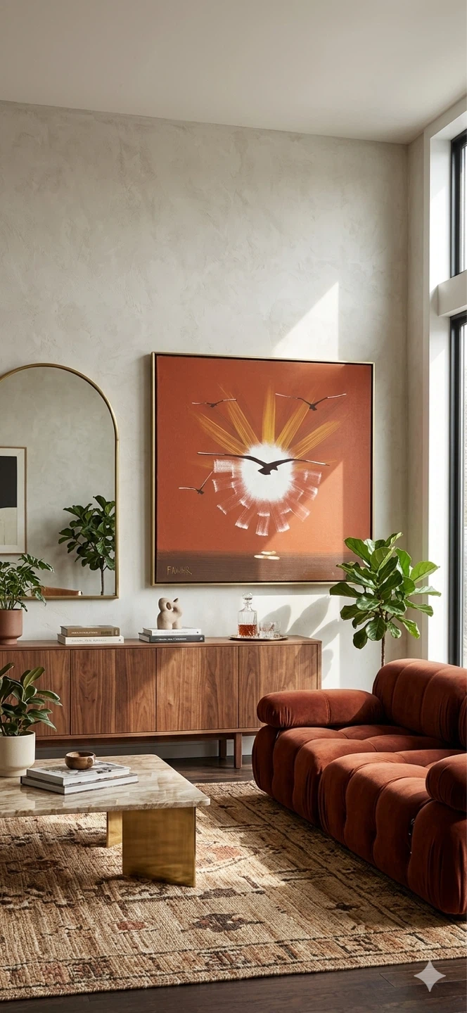 Framed Painting with Seagulls and Sun