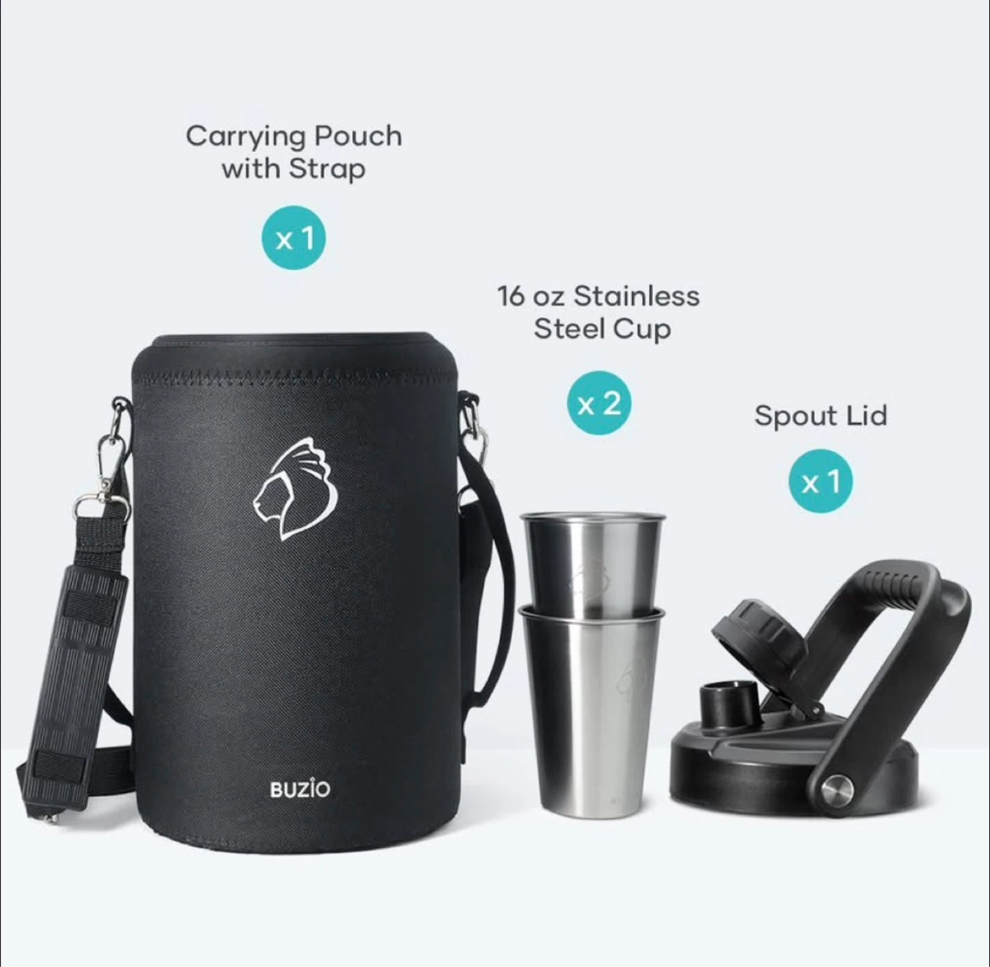 BUZIO Water Bottle with 2 Cups and Carrying Pouch