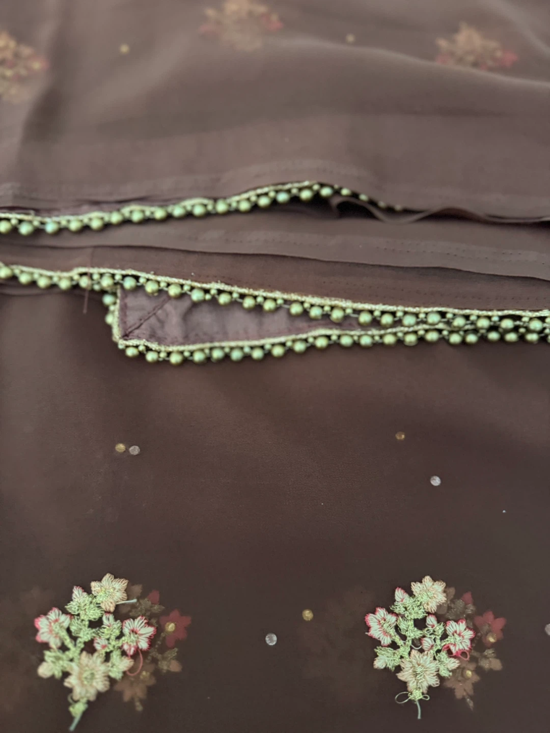 Brown sheer scarf with floral embroidery and beaded trim