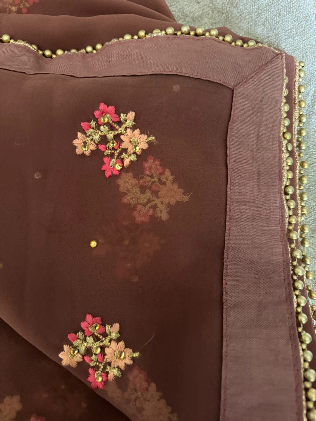 Brown sheer scarf with floral embroidery and beaded trim - photo 2
