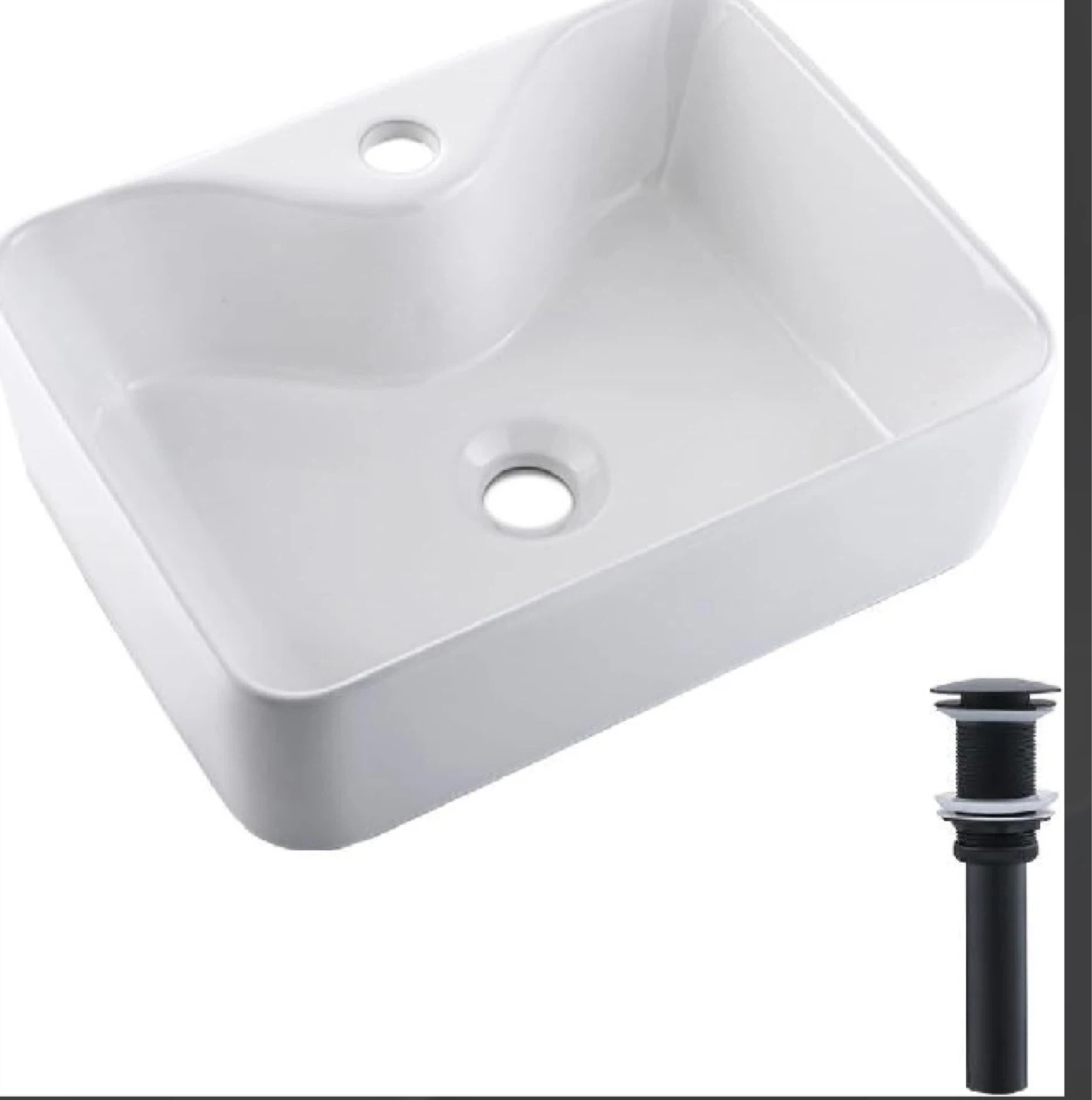 White Ceramic Vessel Sink with Black Pop-Up Drain
