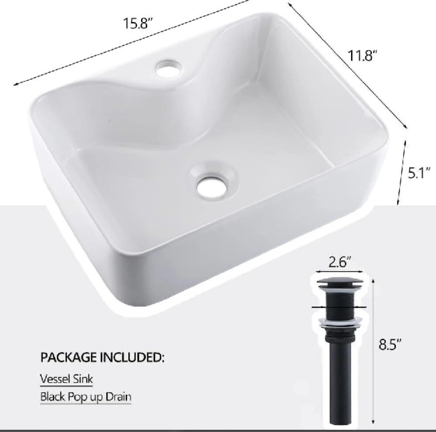 White Ceramic Vessel Sink with Black Pop-Up Drain - photo 2