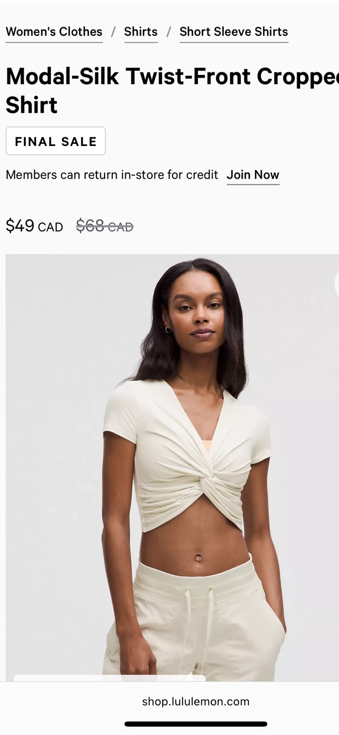 Lululemon Modal-Silk Twist-Front Cropped T-Shirt - Size L