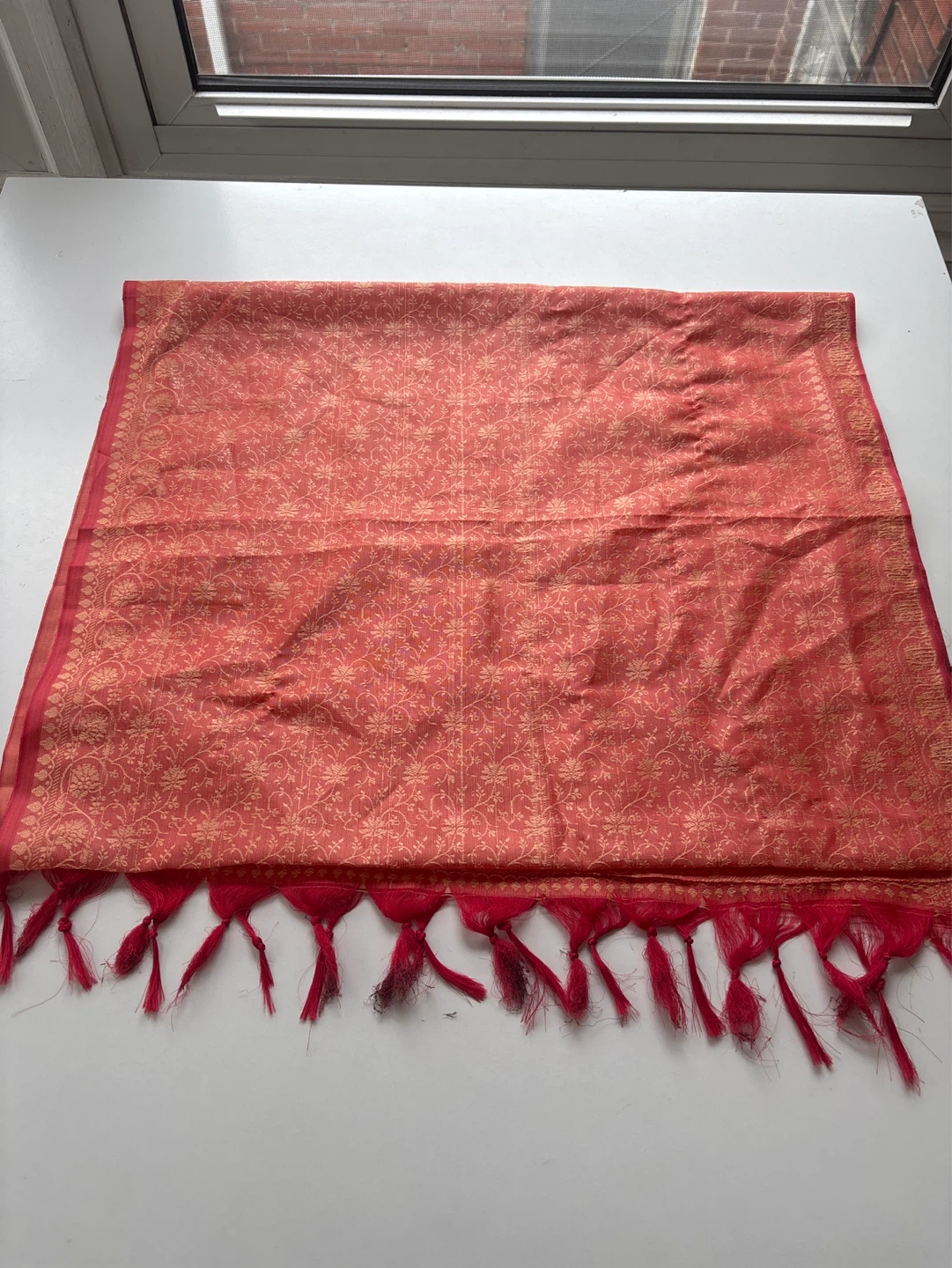 Silk Red and Gold Paisley Pattern Scarf with Tassels - photo 2