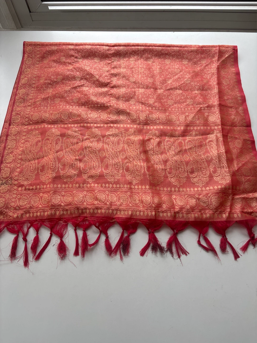Silk Red and Gold Paisley Pattern Scarf with Tassels