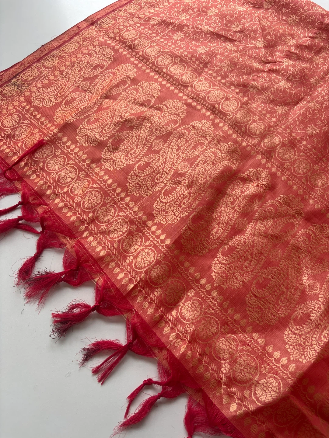 Silk Red and Gold Paisley Pattern Scarf with Tassels - photo 4