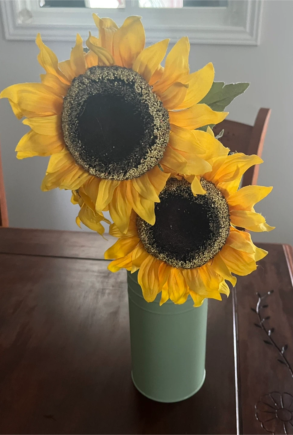 Artificial Sunflowers in Light Green Watering Can Vase