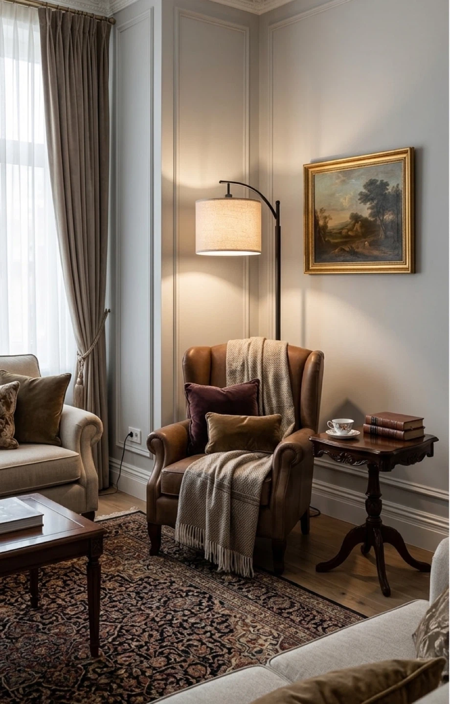 Black Arc Floor Lamp with Beige Drum Shade