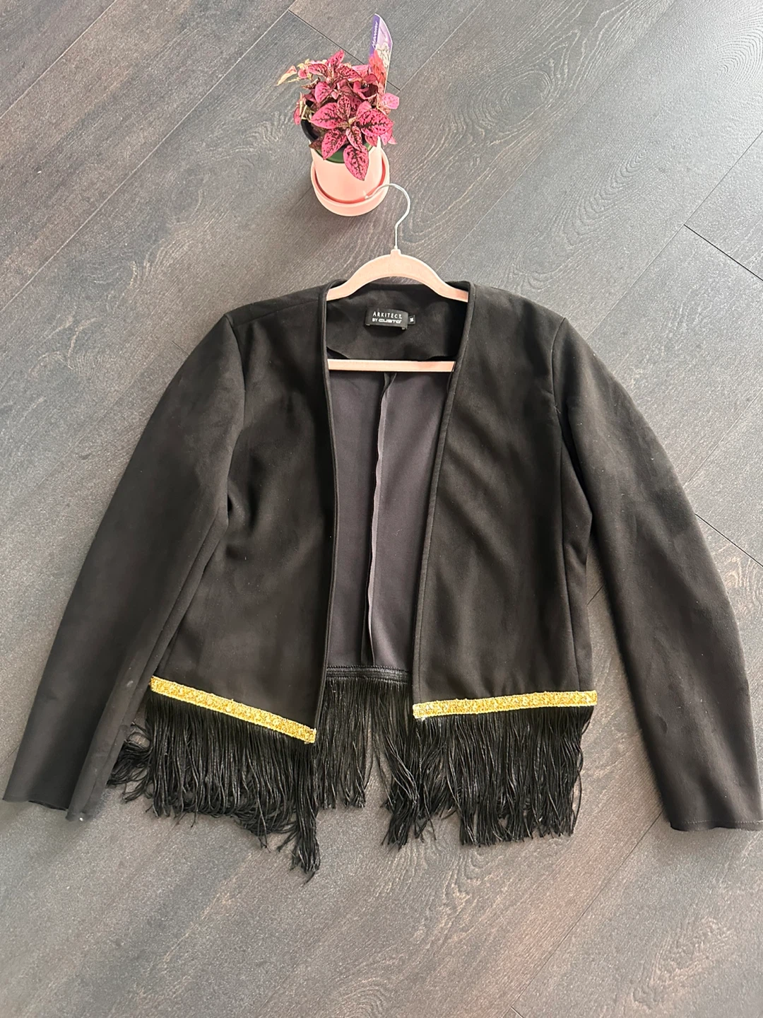 Black Faux Suede Jacket with Gold Sequins and Fringe