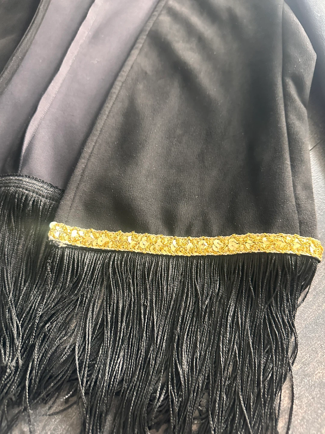 Black Faux Suede Jacket with Gold Sequins and Fringe - photo 2