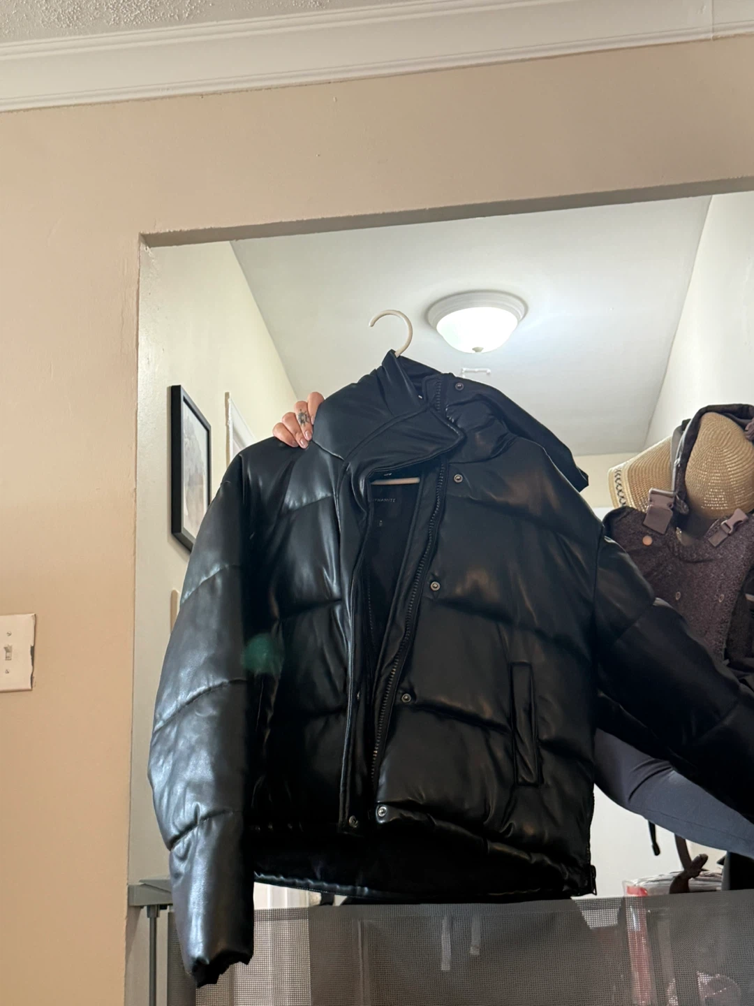 Black Faux Leather Puffer Jacket