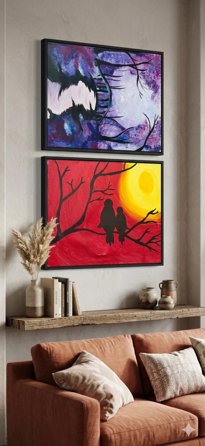 Two Handmade Paintings: Birds at Sunset and Purple Abstract