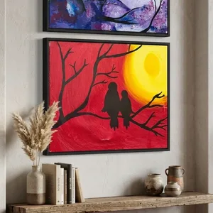 Two Handmade Paintings: Birds at Sunset and Purple Abstract