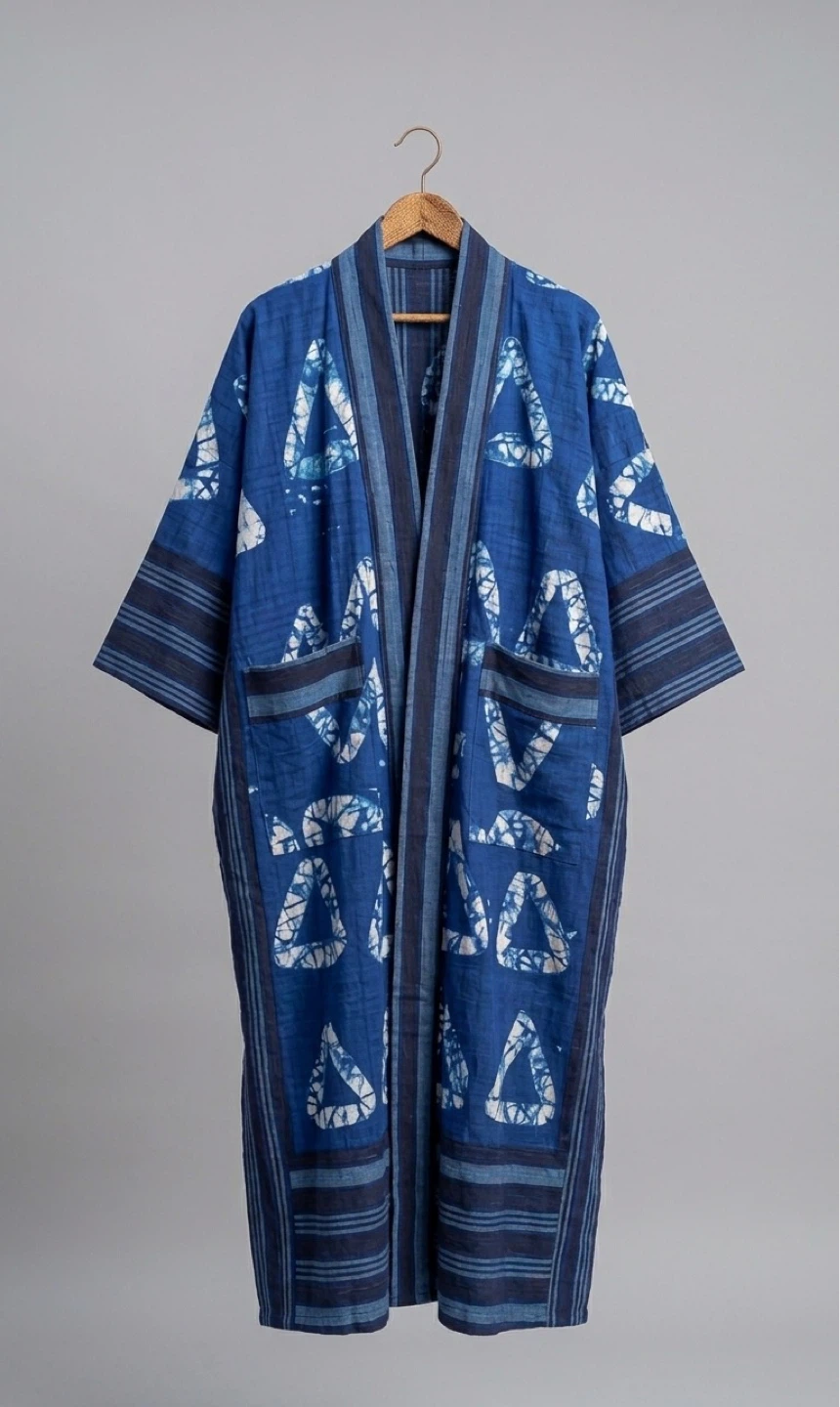 Blue Geometric Print Aso oke Kimono Robe - photo 3