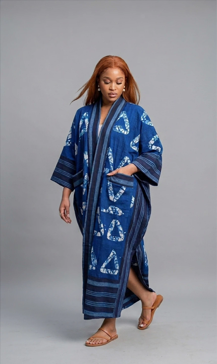 Blue Geometric Print Aso oke Kimono Robe - photo 2
