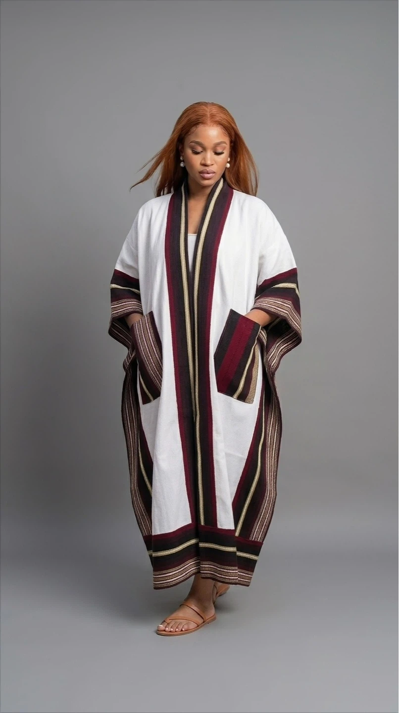 White aso oke kimono  with Striped Trim - photo 2