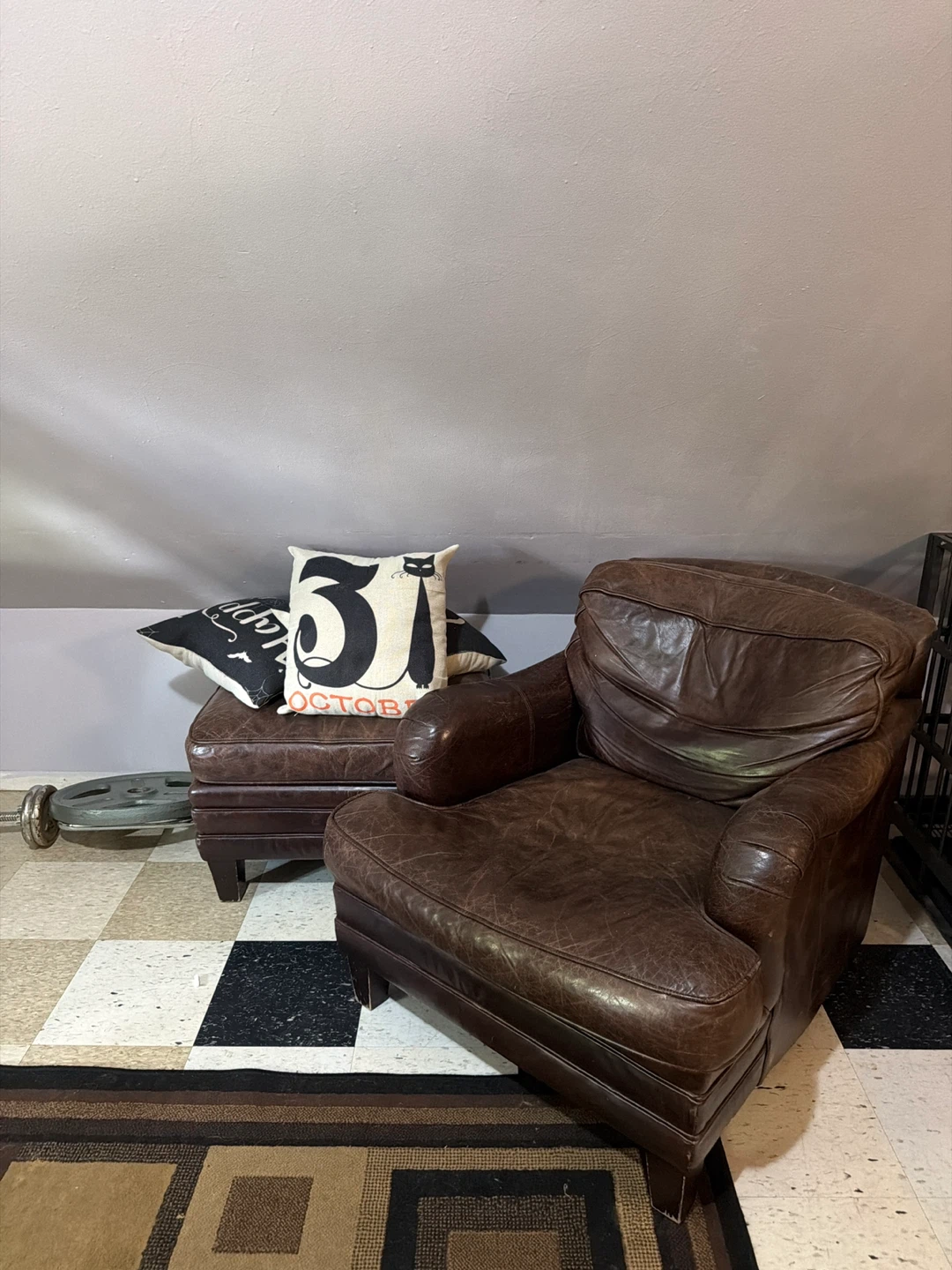 Brown Leather Armchair with Ottoman