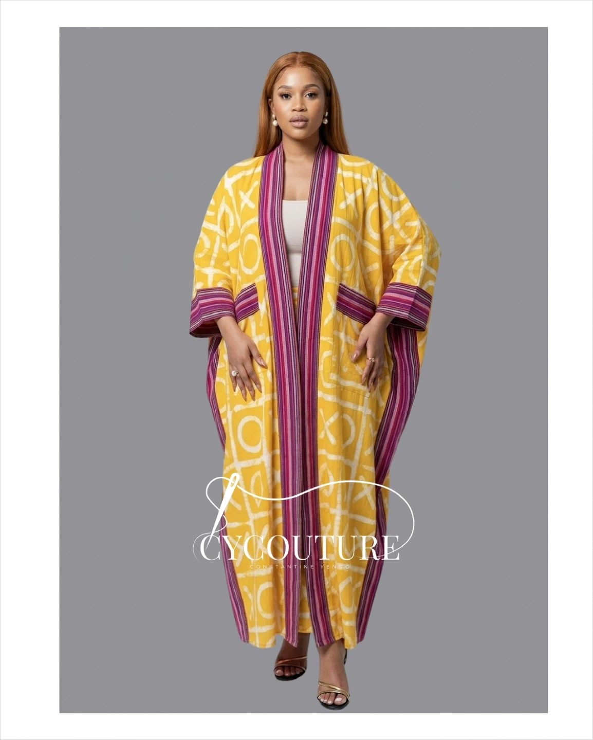 Yellow Printed aso oke Kimono Robe